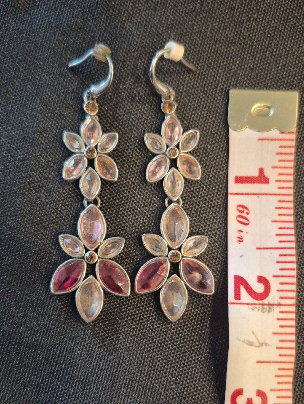 Delicate Pink Flower Crystal Drop Earrings In Silver Tone - Picture 5 of 5
